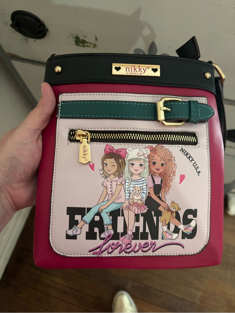 Nicole Lee Pink & Green Friends Forever Crossbody Bag